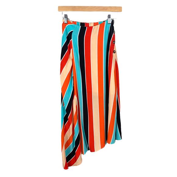 ASTR Monica Striped Midi Skirt Buttons Aqua Orange XS Extra Small - Picture 3 of 11